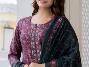 Floral Printed Notch Neck Straight Kurta With Trousers & Dupatta