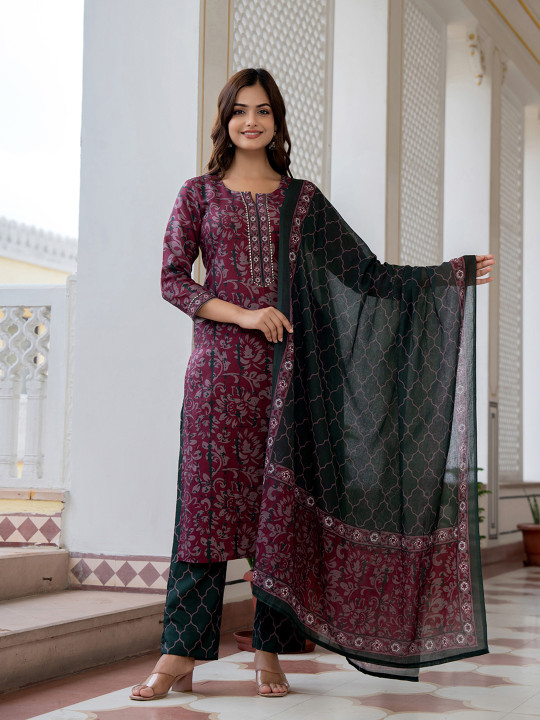 Floral Printed Notch Neck Straight Kurta With Trousers & Dupatta - Image 2