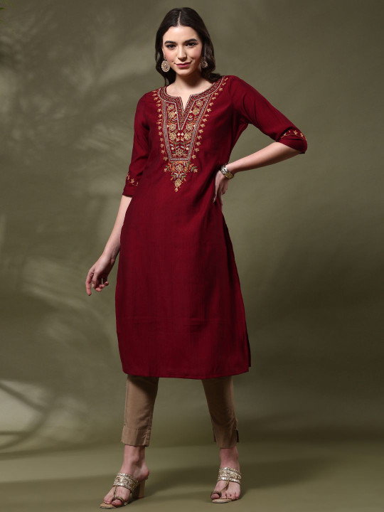 Women Floral Embroidered Flared Sleeves Thread Work Kurta - Image 2